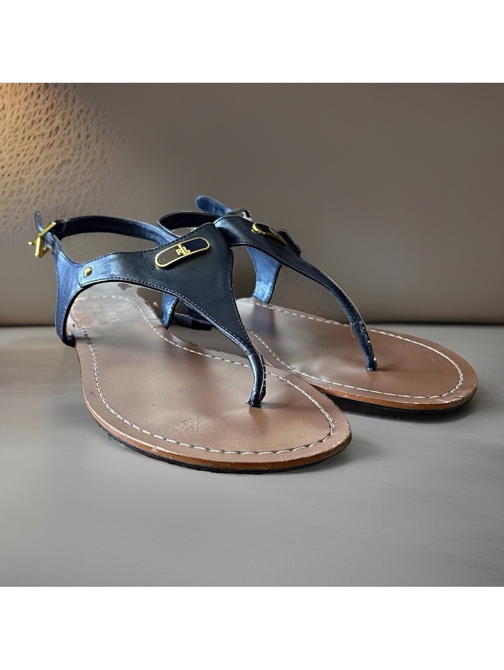 Lauren Ralph Lauren Patsi Sandals Womens 10B Navy T Strap Gold Logo Flats